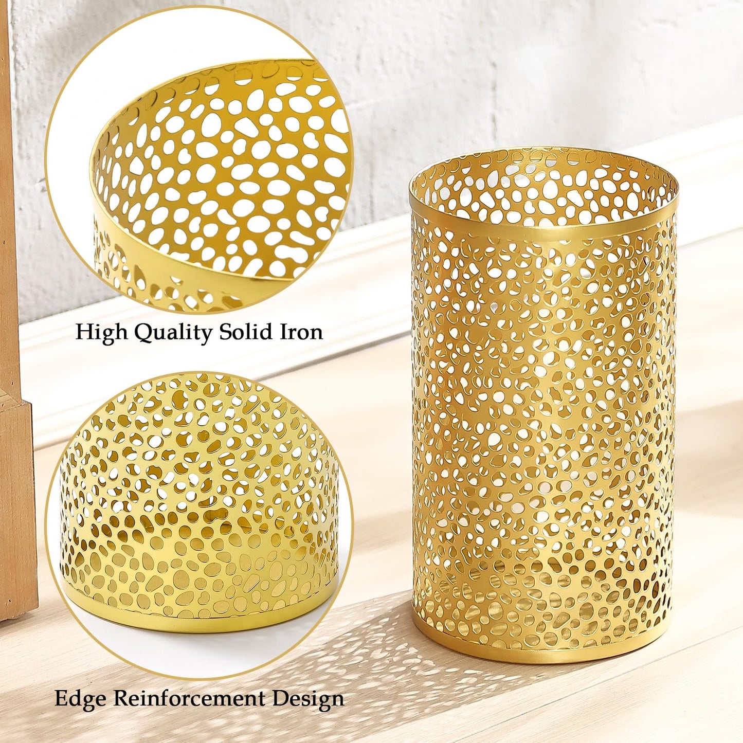 TICKCACY Metal Gold Trash Can, Modern Gold Garbage Can for Office, Cylindrical Metal Waste Basket for Bathroom Bedroom, 7" D x 12" H