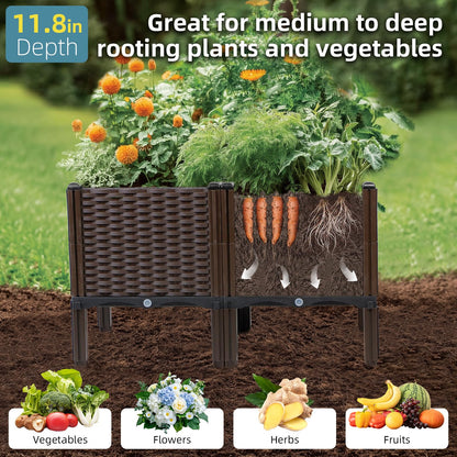 Rattan Raised Garden Bed with Legs-Rectangular Elevated Deep Planters for Outdoor Plants, Self Watering Planter Box 32"L x 16"W x 20"H, Rectangular Deep Garden Bed for Vegetables, Flowers, Herbs
