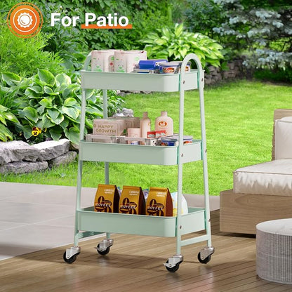 NEWBULIG 3-Tier Metal Rolling Storage Cart, Heavy Duty Mobile Utility Organizer Shelf with Lockable Wheels, Multifunctional Trolley for Daily Supplies, Home Indoor Daily Use, Green