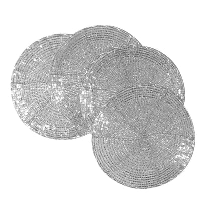 Silver Coasters Set of 4,Handmade Beaded Bar Drink Tabletop Protection Coasters - Halloween Harvest Autumn Fall Thanksgiving Holiday Christmas Xmas Celebration Festive Party 4" Round - Silver