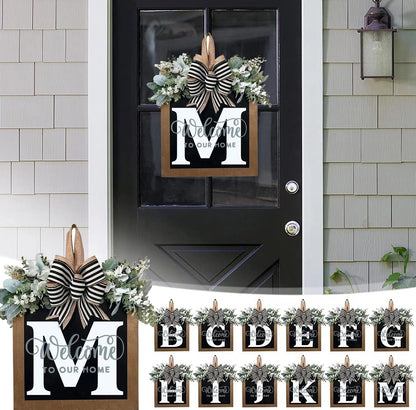 Last Name All Year Round Front Door Wreath with 26 Initial Letter Welcome Sign All Seasons Eucalyptus Garland and Bow ，Farmhouse, Porch, for Spring Summer Fall All Seasons Holiday Halloween Christmas. (M)