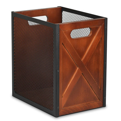 Rustic Office Trash Can - Rectangular Waste Basket with Iron Mesh, 4.5 Gallon Wooden Garbage Can, Bathroom Garbage Bin with Handles, Decorative Trash Can for Home Office Bedroom