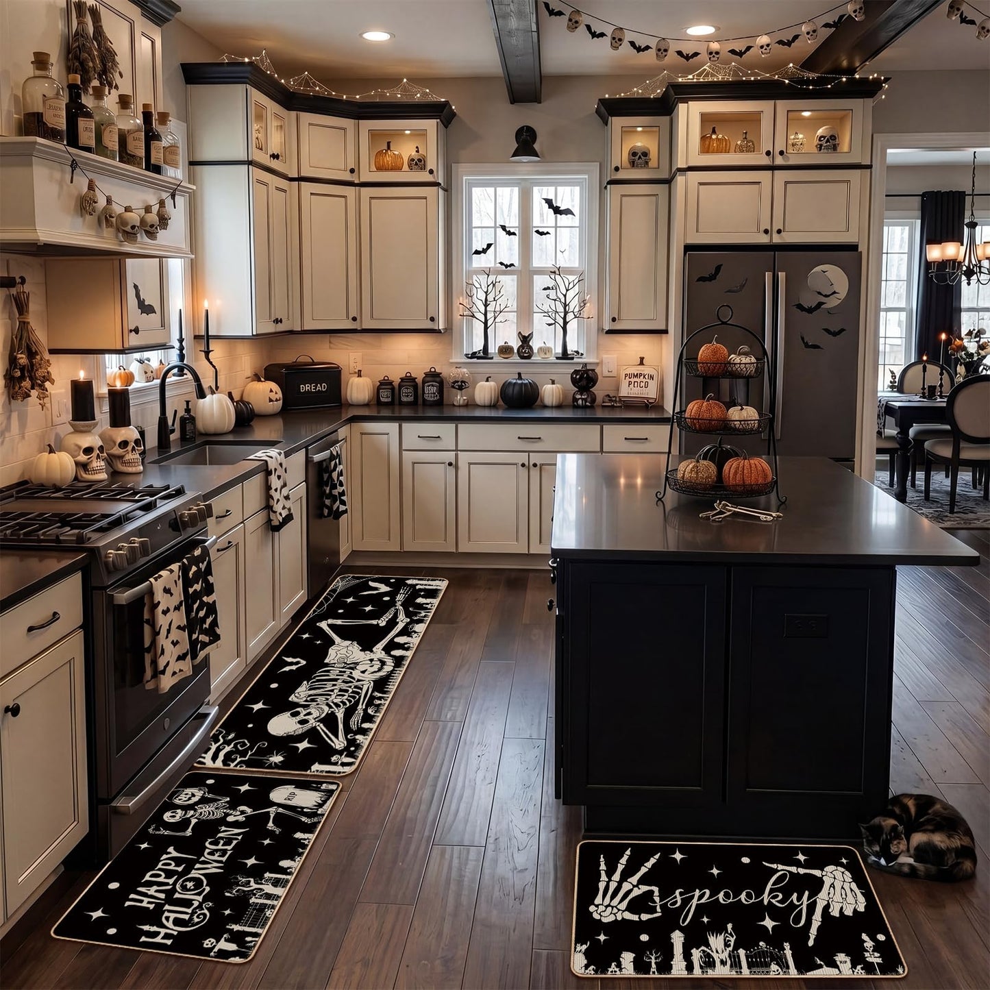 Drydiet 3 Pcs Halloween Kitchen Mats and Rugs Sets Spooky Skeleton Kitchen Floor Door Mat Non Slip Washable Gothic Runner Rug Halloween Decorations for Home Laundry Room Sink Holiday Party Decor