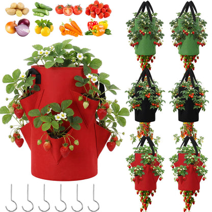 SATINIOR 6 Pack Upside Down Tomato Herb Planter 3 Gallon Hanging Grow Bags Outdoor Strawberry Planters with 6 Planting Holes and 1 Bottom Zipper Grow Bags with Hooks for House Vegetable Gardening