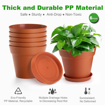 FHWTY 6 Pack 7in Plastic Plant Pots Black & 6 Pack 7in Plastic Plant Pots Terracotta