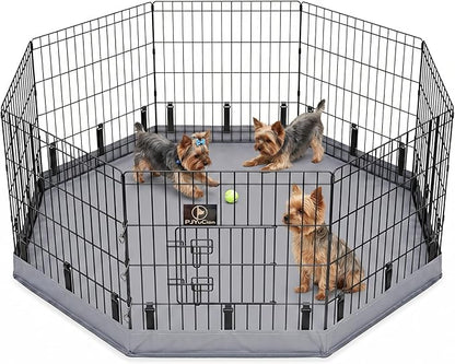 PJYuCien Dog Playpen with Bottom Pad - Metal Foldable Exercise Pen, 8 Panels 24" H x 24" W Indoor Outdoor Pet Fence Puppy Crate Kennel, Gray