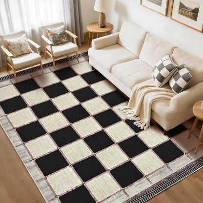 Yinhua Checkered 5x7 Area Rugs Black Farmhouse Washable Area Rug for Living Room Non Slip Soft Faux Wool Distressed Rugs for Bedroom, Classic Checkerboard Throw Rug for Nursery Office Playroom