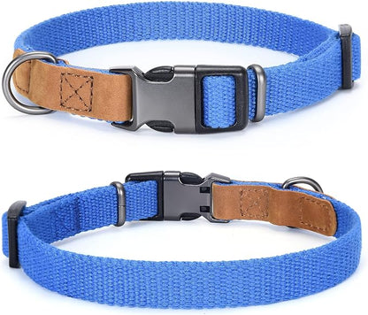 Mile High Life Genuine Leather Dog Collar, Soft Cotton Pet Collars with Heavy Metal Buckle for Small Large Dogs (Blue, L Neck 17"-21")