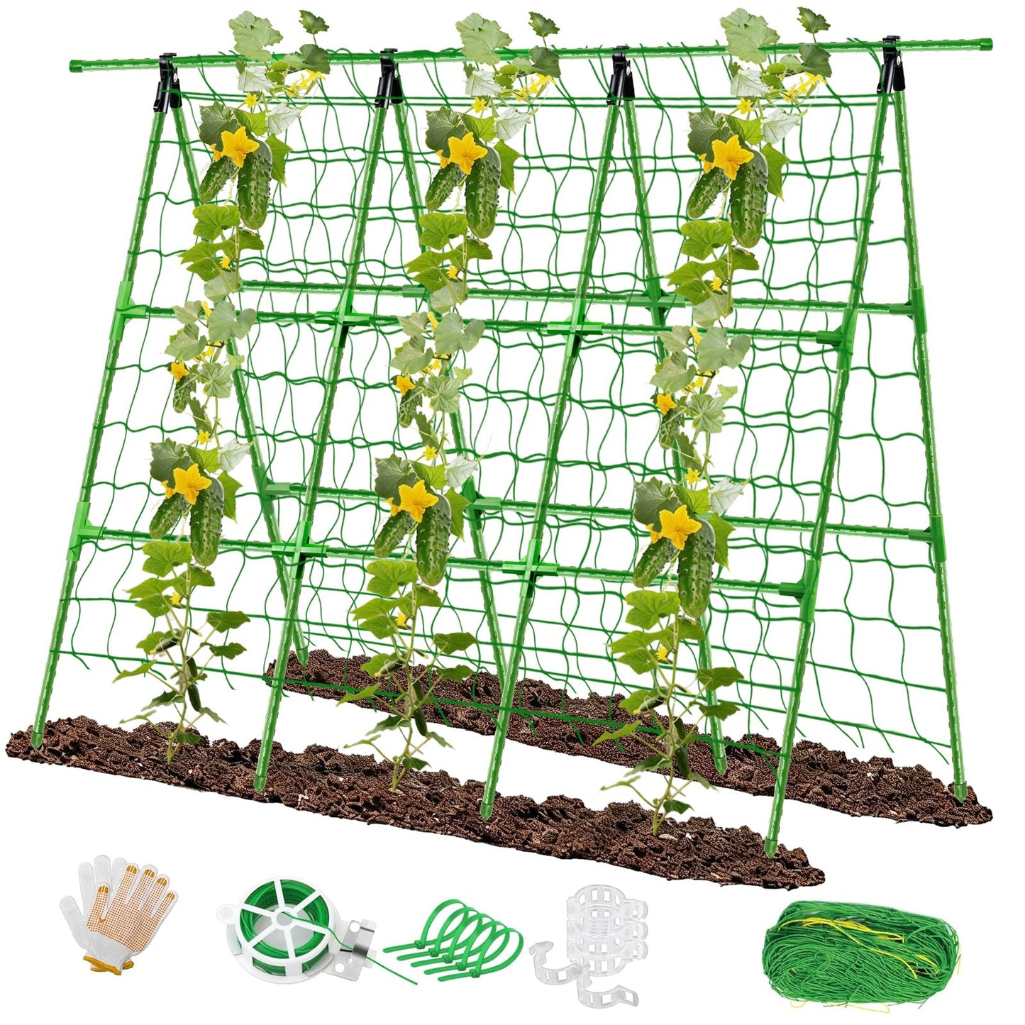 Joyhalo A-Frame Cucumber Trellis for Raised Beds, 47" Hx 57" L Adjustable Size, Garden Trellis for Climbing Plant Outdoors with Climbing Net and Plant Support Clip for Vegetable Vine Pea Bean Tomato