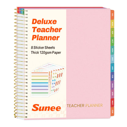 SUNEE Deluxe Teacher Planner 2026-2027, Lesson Planner Book with 7 Periods Jul 2026 - Jun 2027, 8.5" x 11" Daily Weekly and Monthly Organizers with Colorful Tabs, Planning Stickers,120gms Paper, Pink