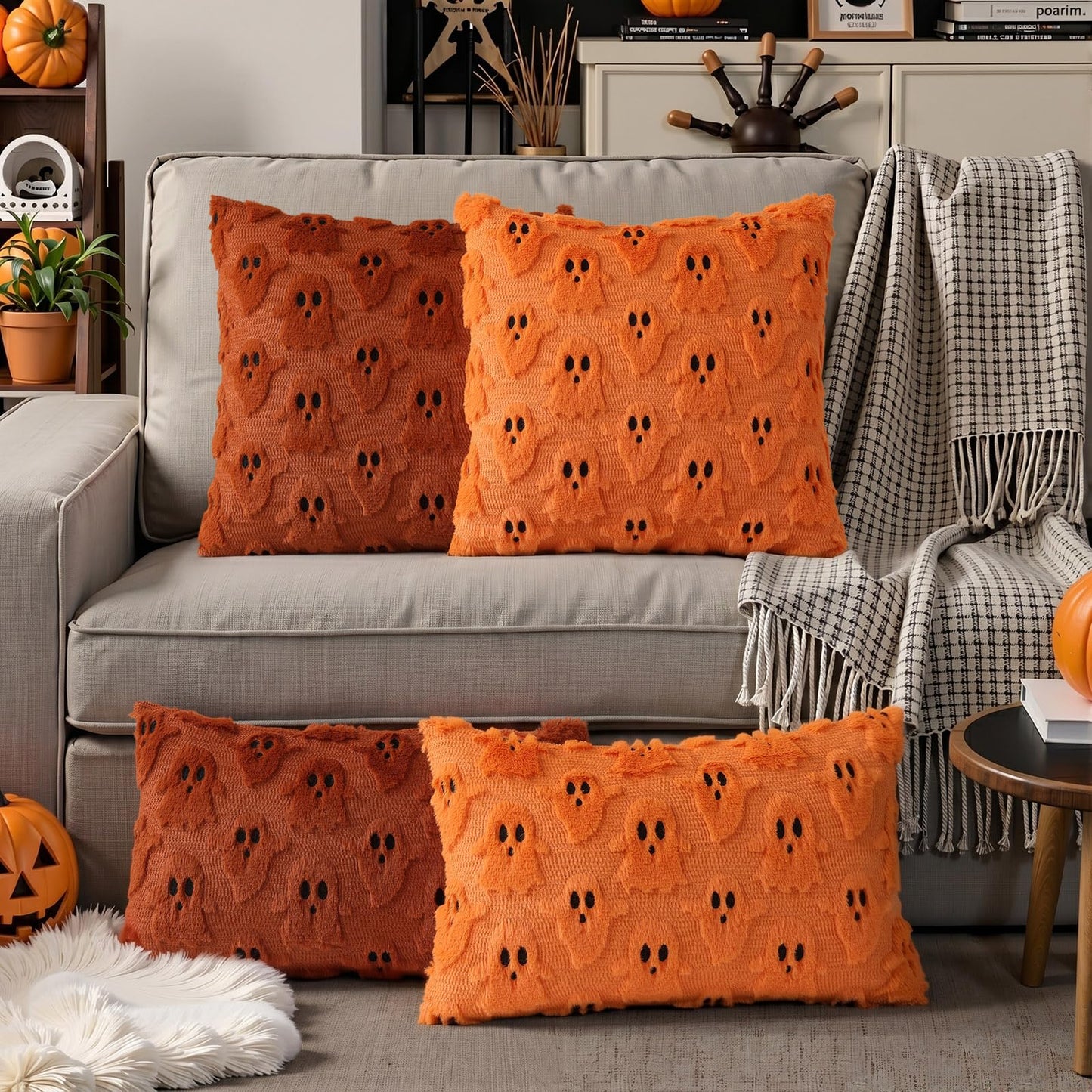 decorUhome Fall Halloween Ghost Pillow Covers 18x18 Inch Pack of 2 Soft Plush Faux Wool Textured Throw Pillow Covers Cute 3D Ghost Decorative Cushion Cases for Couch Sofa Bedroom Home Decor, Orange
