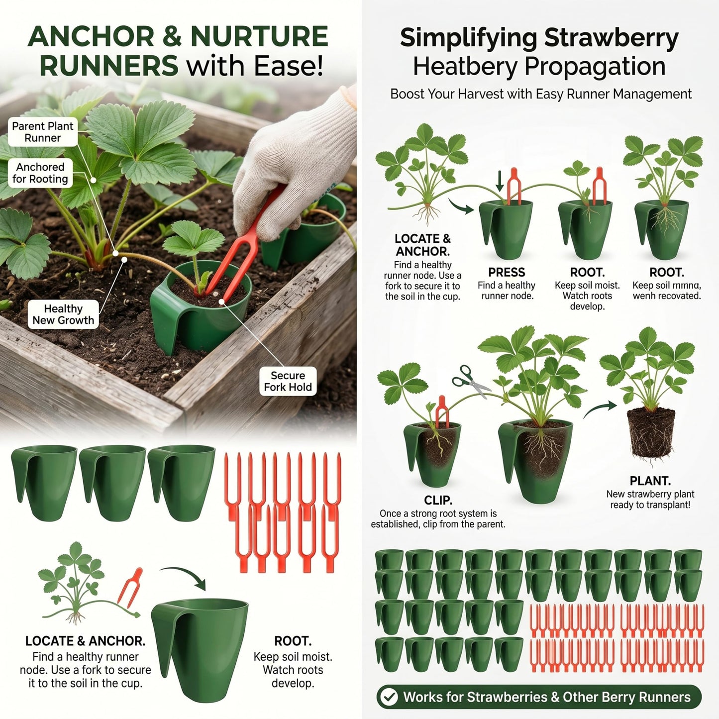 Wilafury 20Pcs Propagation Cups, Small Strawberry Propagation Cups with 50 Vine Press Forks, Plastic Planter for Rooting, Garden Greenhouse Balcony, Green