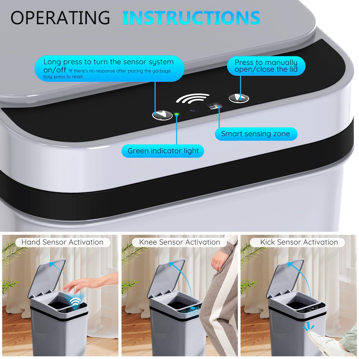 jinligogo 3Pack Bathroom Small Trash Can with Lid, 2.6 Gallon Touchless Automatic Garbage Can Slim Waterproof Motion Sensor Smart Trash Bin for Bedroom, Office, Living Room White/Black/Grey