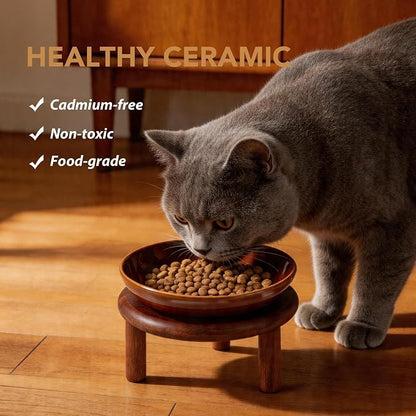Havniva Elevated Cat Bowls Raised Ceramic Cat Bowl, 5.7” Wide Opening Cat Food Bowl Whisker Friendly Cat Dish Anti-Slip with Wood Stand, Shallow Pet Food & Water Bowl for Indoor Cats