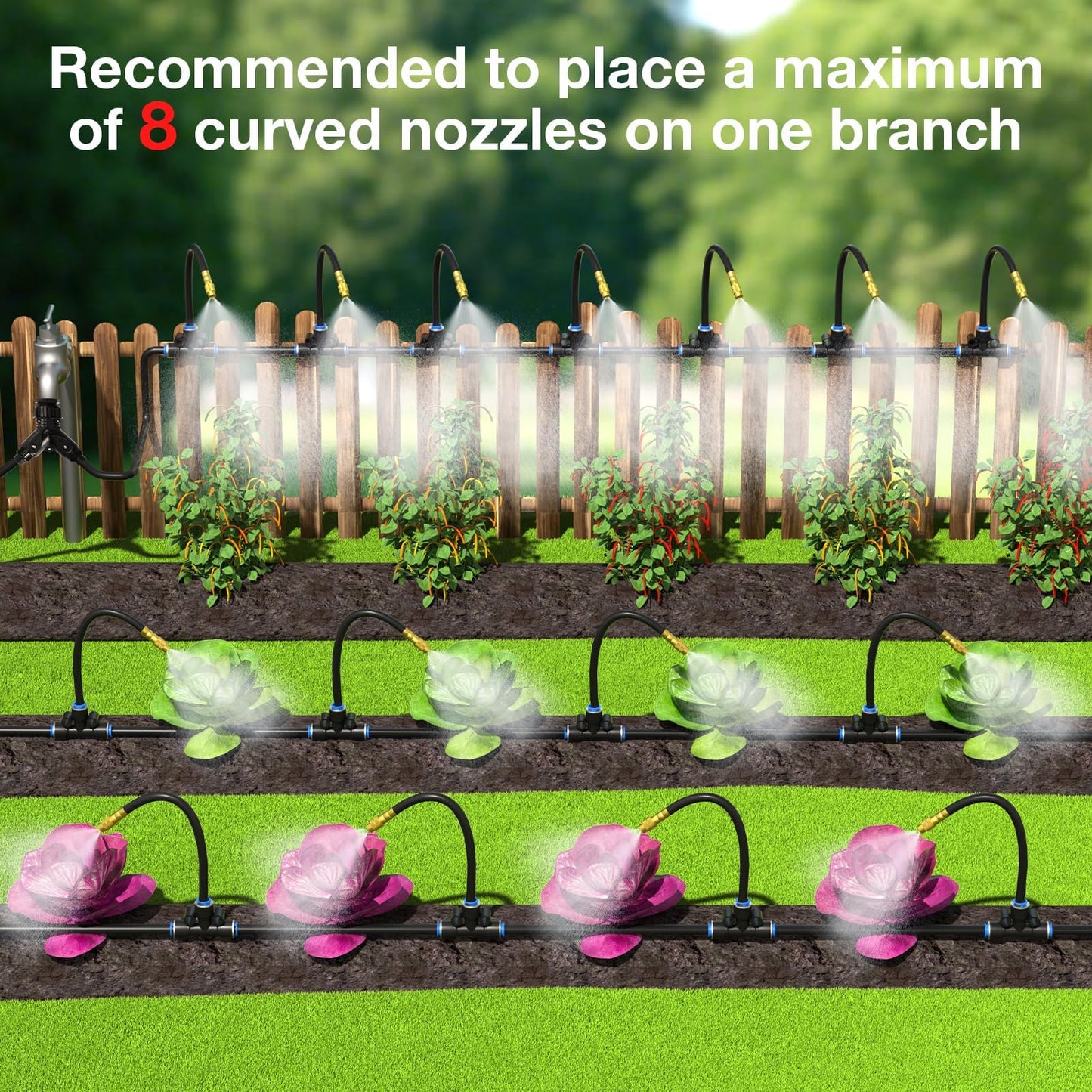 MIXC 1/4" 100Ft Drip Irrigation System for Garden with 16pcs 360°Adjustable Brass Nozzles & Bendable Rod,Upgraded Watering System Kit for Outdoor Plants,Lawn,Raised Bed,Potted Plant,Yard,Greenhouse