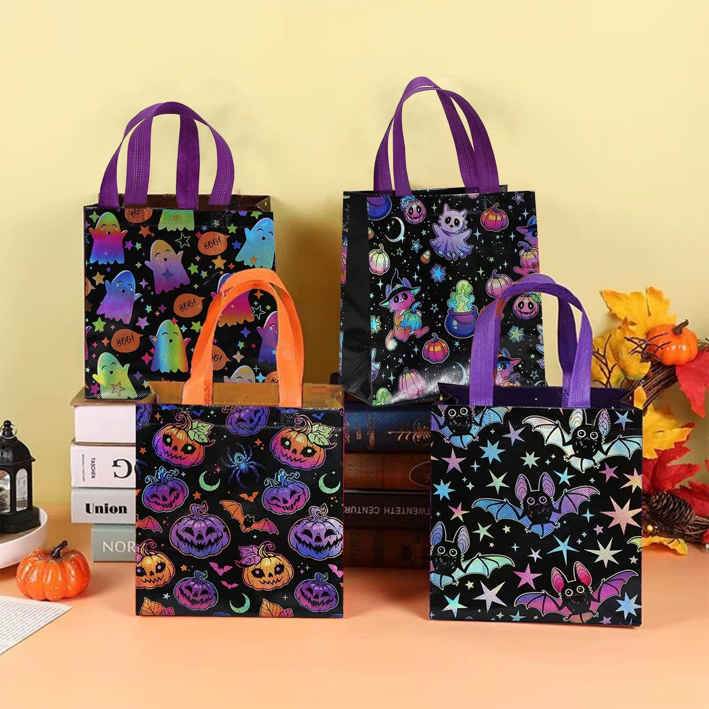 12Pcs Halloween Treat Bags, Medium Halloween Tote Gift Bags with Handles, Reusable Non-woven Bag for Candy Goodies Cookies Snacks, Trick-or-Treat or Horror-themed Party Favors Supplies(8.66 x 4.33 x 9.06 in)