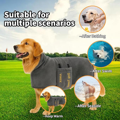 Dog Towel Dog Bathrobe, Microfiber Super Absorbent Pet, Quick Drying Robe for After Bath, Adjustable Collar & Belly Strap Pet Cat Bath Robe Towel Grey-L