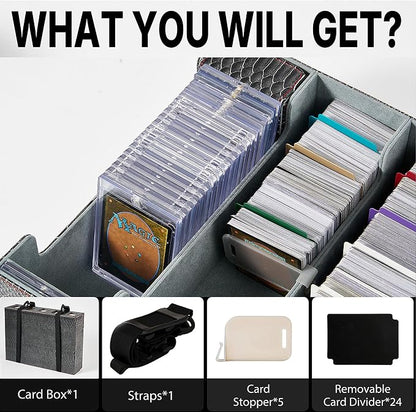 Magnetic Leather Trading Card Storage Box - 5-Row Deck Case Design, 3900+ Capacity for YuGiOh, MTG, TCG and Sports Cards, Includes 24 Colorful Dividers & 5 Card Supports (15.8in, Dragon)