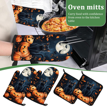 Halloween Black Cat Moon Pumpkin Oven Mitts and Pot Holders Set 4 Pcs Extra Long Heat Resistant Gloves Potholder for Baking, BBQ, Grilling
