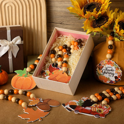 Bucherry 10 Pcs Thanksgiving Wooden Bead Ornaments Fall Wood Bead Hanging Decorations Pumpkin Maple Leaf Turkey Gnome Beaded Garland Decor for Autumn Harvest Party Farmhouse Tiered Tray Ornaments