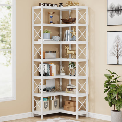 Tribesigns 7-Shelf Corner Bookshelf,Large Modern Corner Bookcase, 7-Tier Tall Corner Shelf Storage Display Rack with Metal Frame for Living Room Home Office (White)