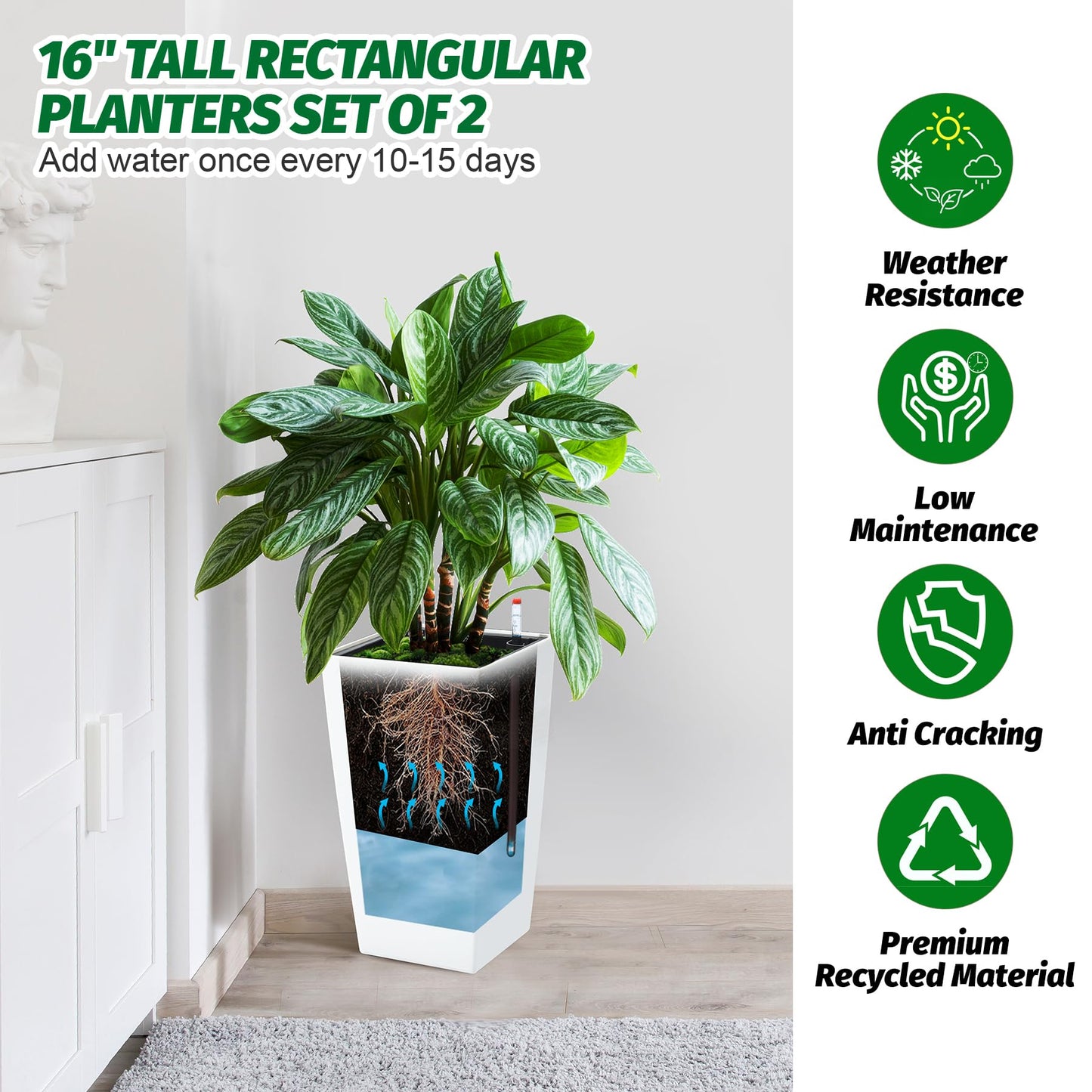 PeakPursuit 16" Tall Planters Set of 2, Outdoor＆Indoor Black Planter Pots, High Front Porch Planter Pots with Drainage Holes＆Water Level Monitor＆Inner Bucket, Automatic Watering, White