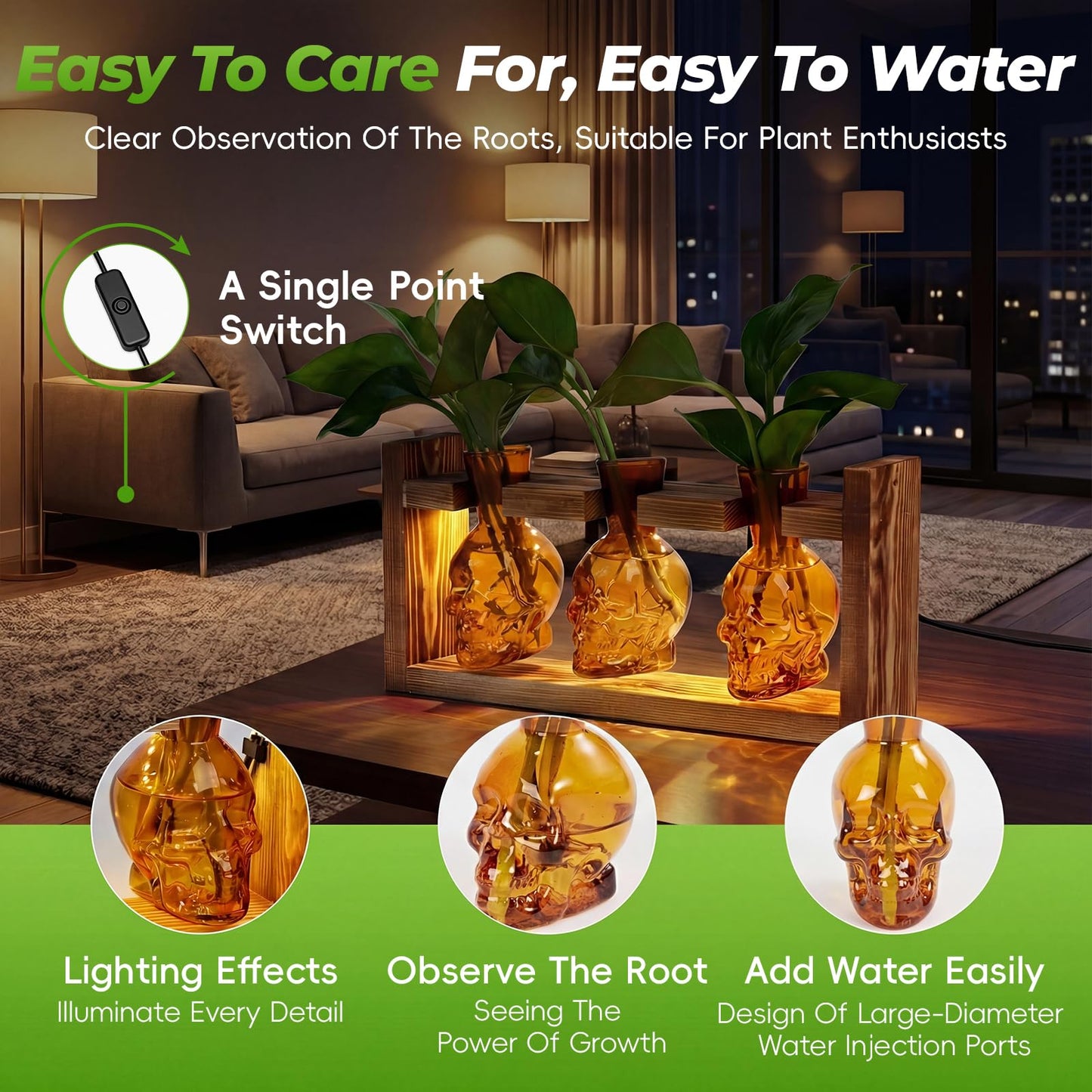 Skull Plant Propagation Station with LED Lights - Halloween Decor Skull Planter, Hydroponics Pot for Office, Unique Gifts for Women & Plant Lovers(Amber)