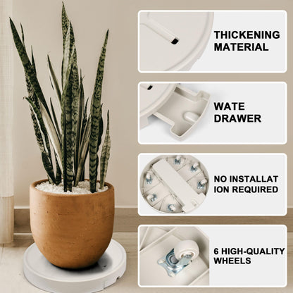 AMKOSKR 15.7 inch Plant Caddy with Wheels Heavy Duty, Movable Round Rolling Plant Stand Plant Dolly with Invisible Wheels and Water Drawer