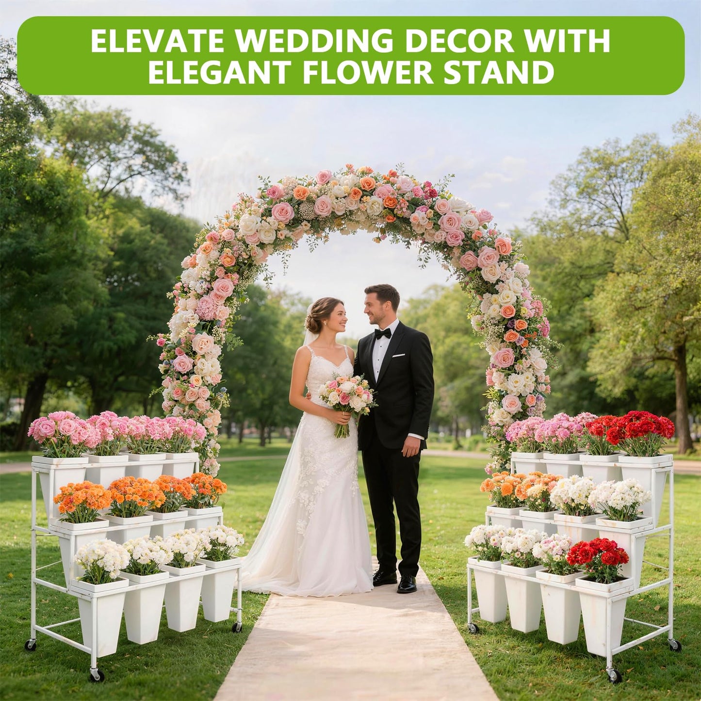 SXJHOPK Flower Display Stand with 12 Buckets, 3-Tier Rolling Plant Stand with Locking Wheels - Heavy Duty Metal Flower Cart for Indoor/Outdoor Use, Wedding Decor & Florist Displays