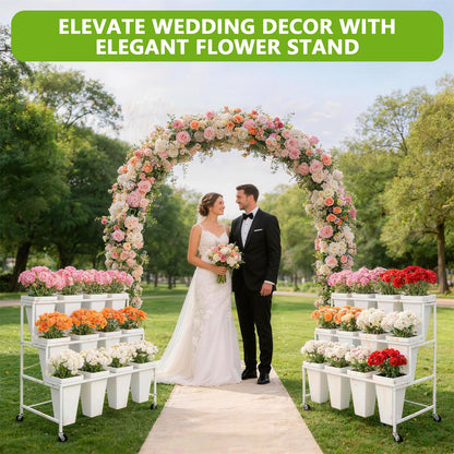 SXJHOPK Flower Display Stand with 12 Buckets, 3-Tier Rolling Plant Stand with Locking Wheels - Heavy Duty Metal Flower Cart for Indoor/Outdoor Use, Wedding Decor & Florist Displays