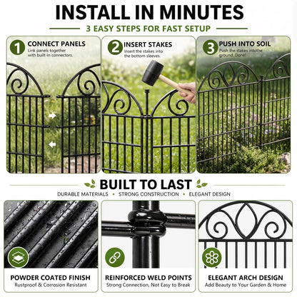 10-Panel No-Dig Tall Garden Fence – 34″H x 22′L Rustproof Metal Dog Fence, Decorative Yard & Garden Animal Barrier, Easy Install Outdoor Pet & Flower Bed Border, Temporary Fence