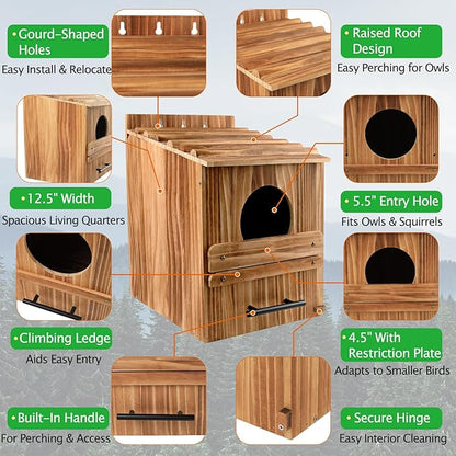 Large Owl House for Outdoors, 17" x 12.5" x 12.5" Premiun Wooden Owl Boxes for Outside, Bird Nesting Box - Habitats for Barn, Screech, Boreal, Saw - Whet & Elf Owls