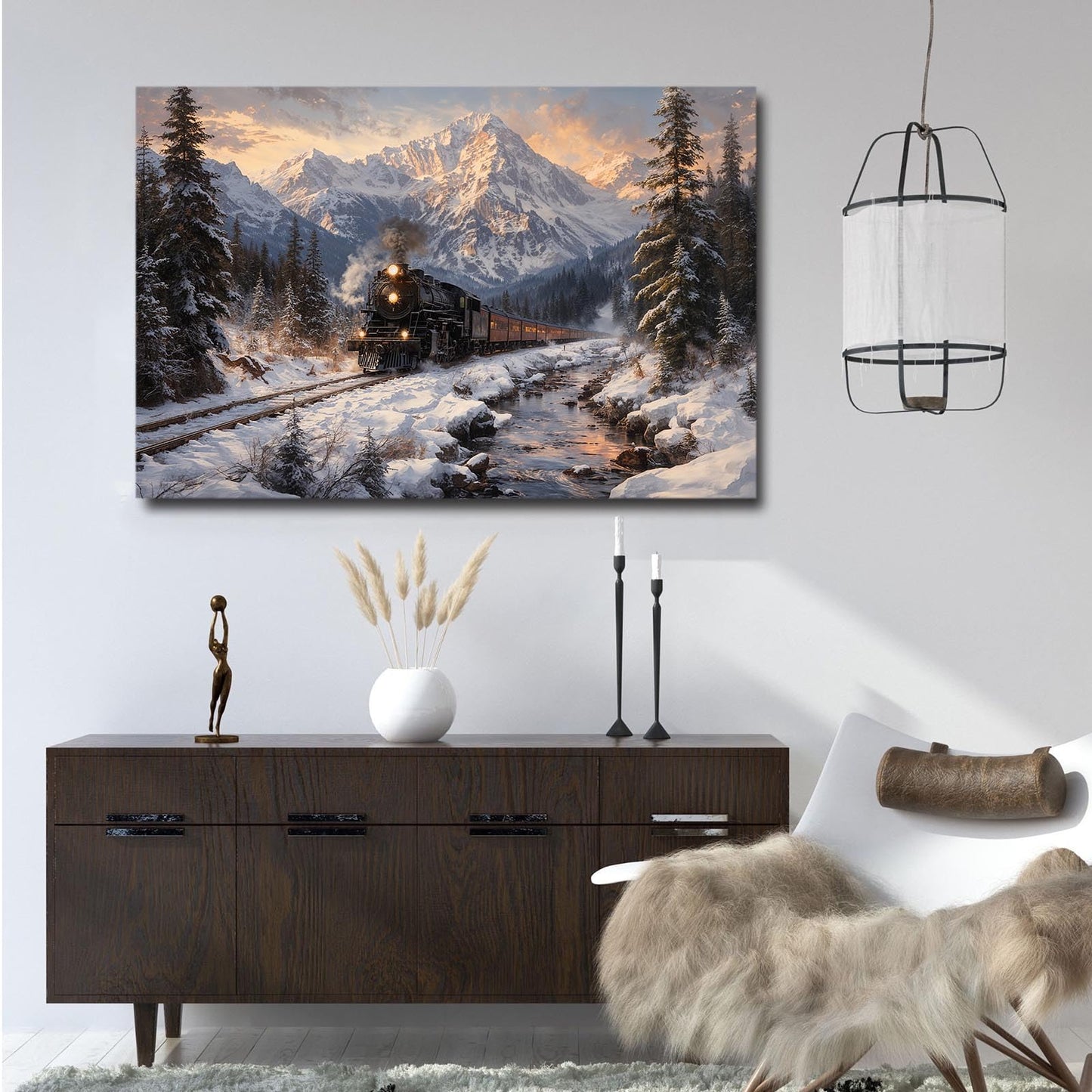 XWNLTEPK Winter Train Scenery Canvas Print Poster Wall Art Wall Decoration Winter Atmosphere Poster Suitable for Living Room Bedroom Farmhouse Home Decor Christmas Snow Mountain Pine Tree