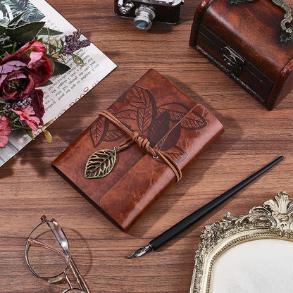 CALFOVERA A7 PU Leather Diary Vintage Writing Travel Business Work Notepad with Lined Pages Leaves Carving Leather Journal Notebook Binder Cover with Book Insert for Men Women(Brown)