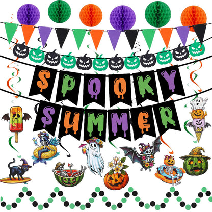 Crtiin Summer Halloween Banner Decorations Spooky Summer Hanging Banner with Honeycomb Balls Hawaii Halloween Paper Garland Photo Props Skeleton Mermaid Ghost Charms for Hallows Beach Party