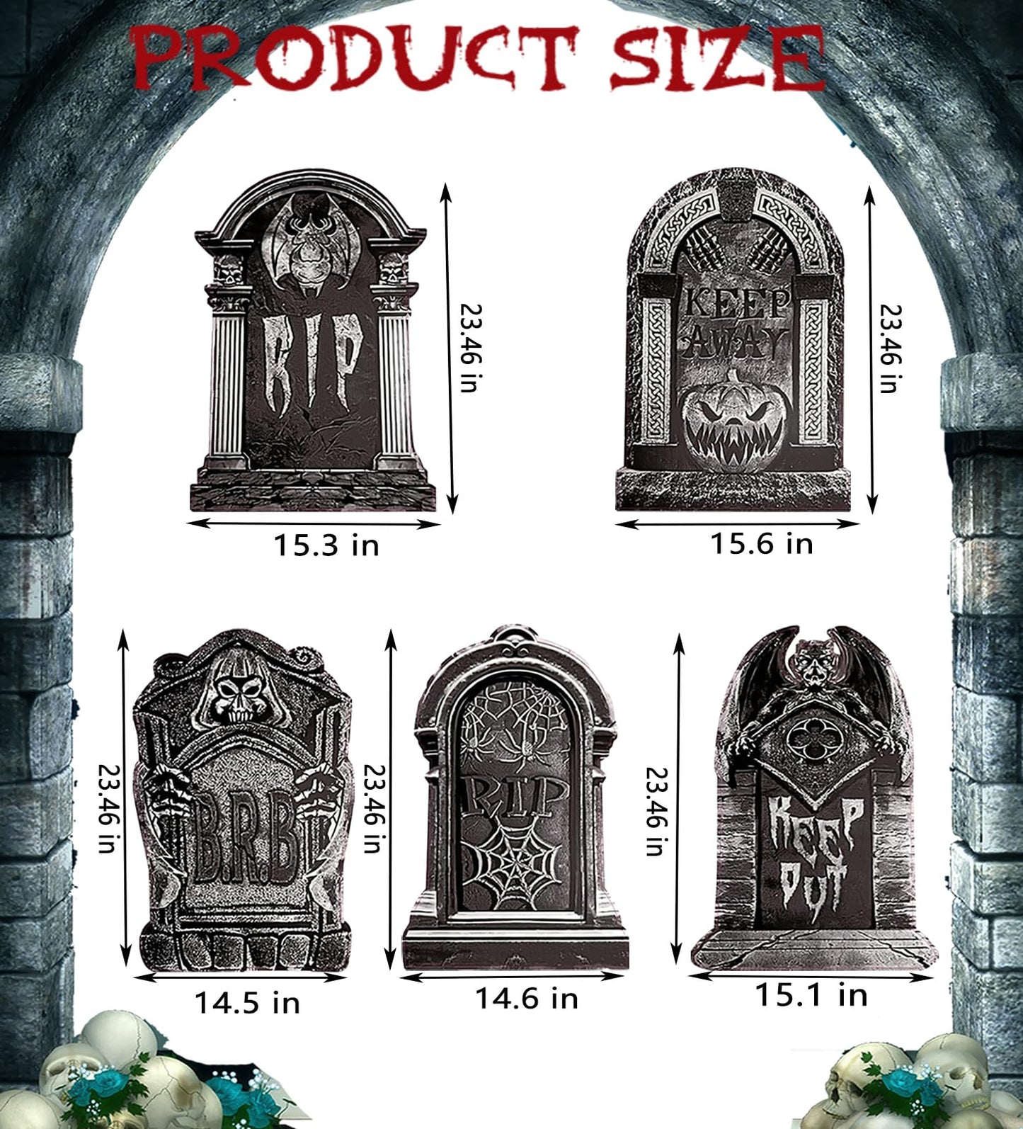 23.62in Halloween Tombstones Yard Sign, 5 PCS Large Tombstones Gravestone DIY Halloween Decor RIP Lawn Signs with Stakes, Outdoor Yard Decoration