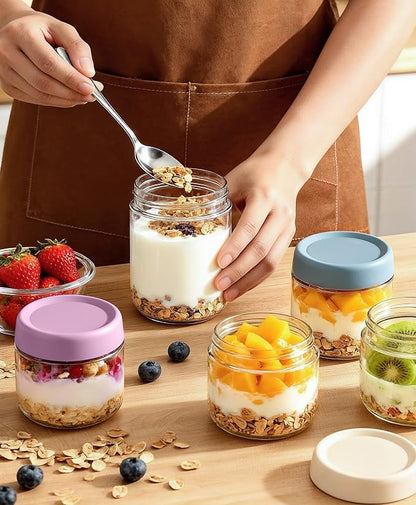 4 pack 16 oz Overnight Oats Containers with Lids and Spoons Glass Jars with Airtight Lids: Wide Mouth Mason Salad Jars, Leakproof and Reusable Glass Food Storage Container for Yogurt Snacks Spice