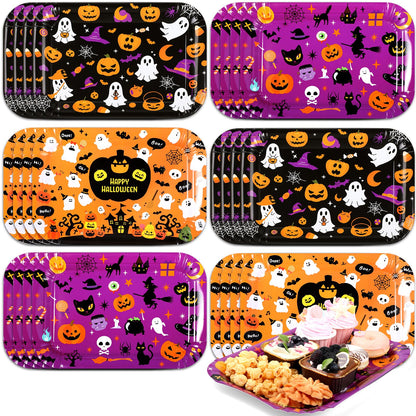 Acellegic 24 Pcs Halloween Serving Trays 13 X 9 Inch Large Platters Pumpkin Bat Ghost Food Trays for Movie Night Halloween Birthday Party Supplies