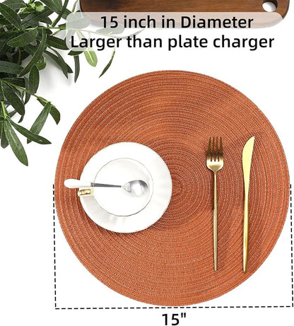 SHACOS Round Placemats Set of 4 for Dining Table 15 inch Round Braided Fall Placemats Washable Kitchen Table Mats Home Decor, Dark Orange