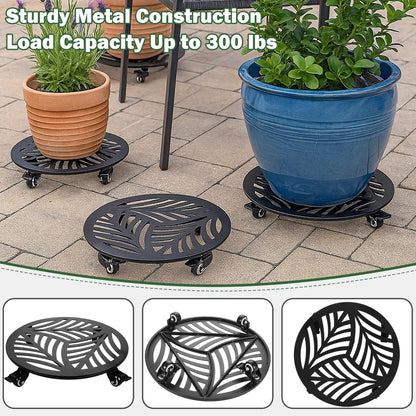 2 Pack 15 inches Extra-Large Metal Plant Caddy with Wheels Heavy-Duty Iron Rolling Plant Stand with Casters Indoor Outdoor Wheeled Plant Roller Base Pot Movers Plant Dolly Coaster Trolley Black