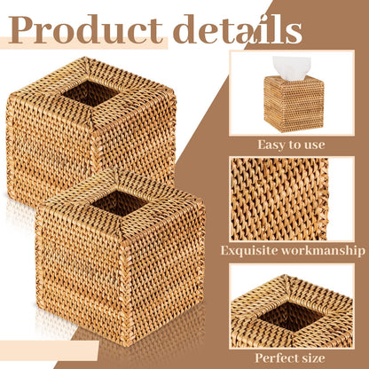 Kigley 2 Pcs Square Rattan Tissue Box Cover Boho Wicker Tissue Cube Box Cover 5.5'' x 5.5'' x 5.5'' Decorative Natural Wicker Hand Woven Napkin Box Holder Bathroom Office Car Accessories (Wood)