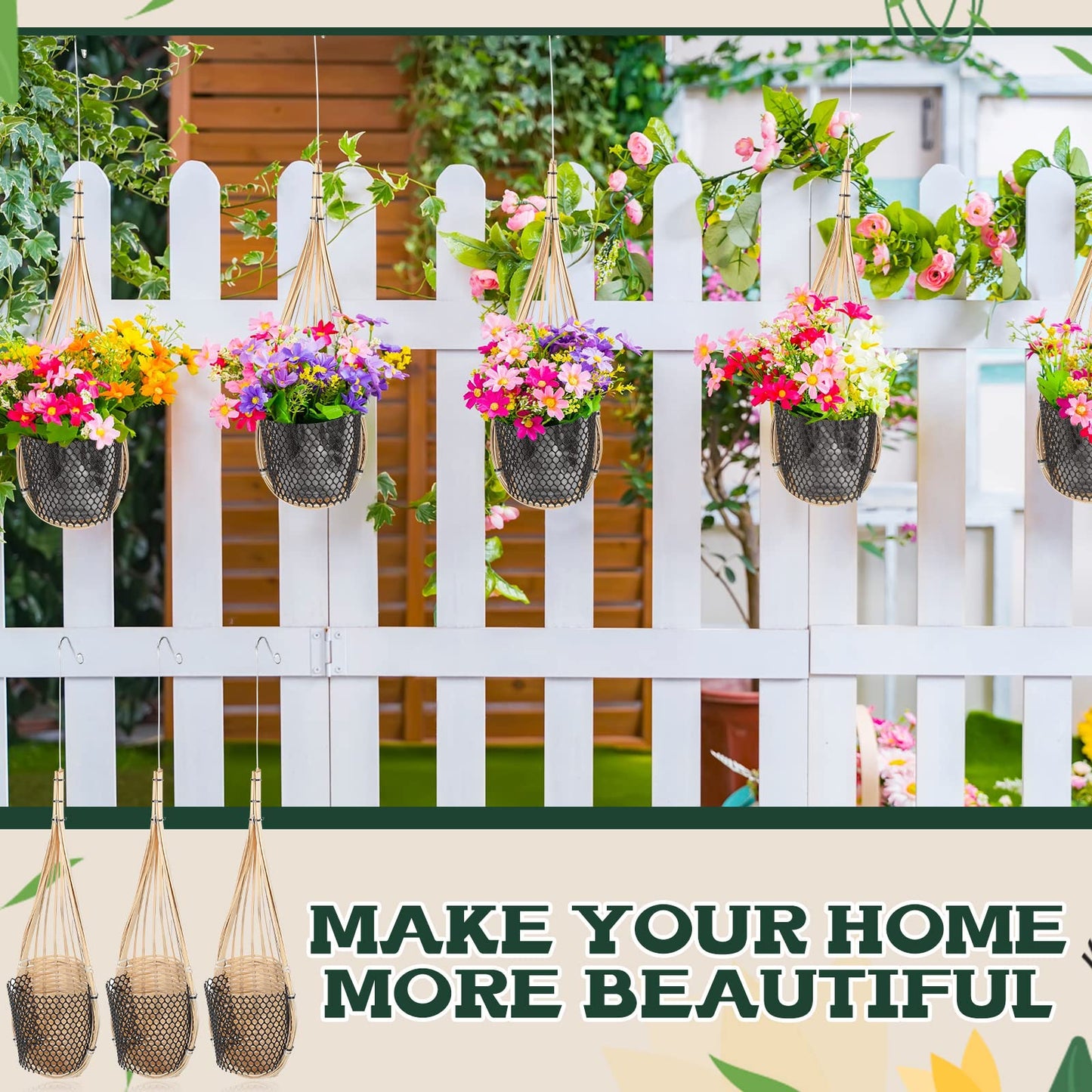 Weysat 10 Pack Hanging Orchid Planter Thai Bamboo Woven 4 Inch Bird Nest Style Orchid Hanging Basket Bamboo Flower Basket with Metal Hook for Trellis Gazebo Indoor Outdoor Wall Small Flower Planter