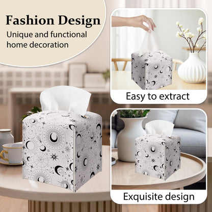 Space Galaxy Tissue Box Cover, Black Celestial Pattern Tissue Box Holder-Waterproof Leather, Desktop Decor for Living Room Vanity Office, Aesthetic Home Decor, Gift for Women & Friend-A18