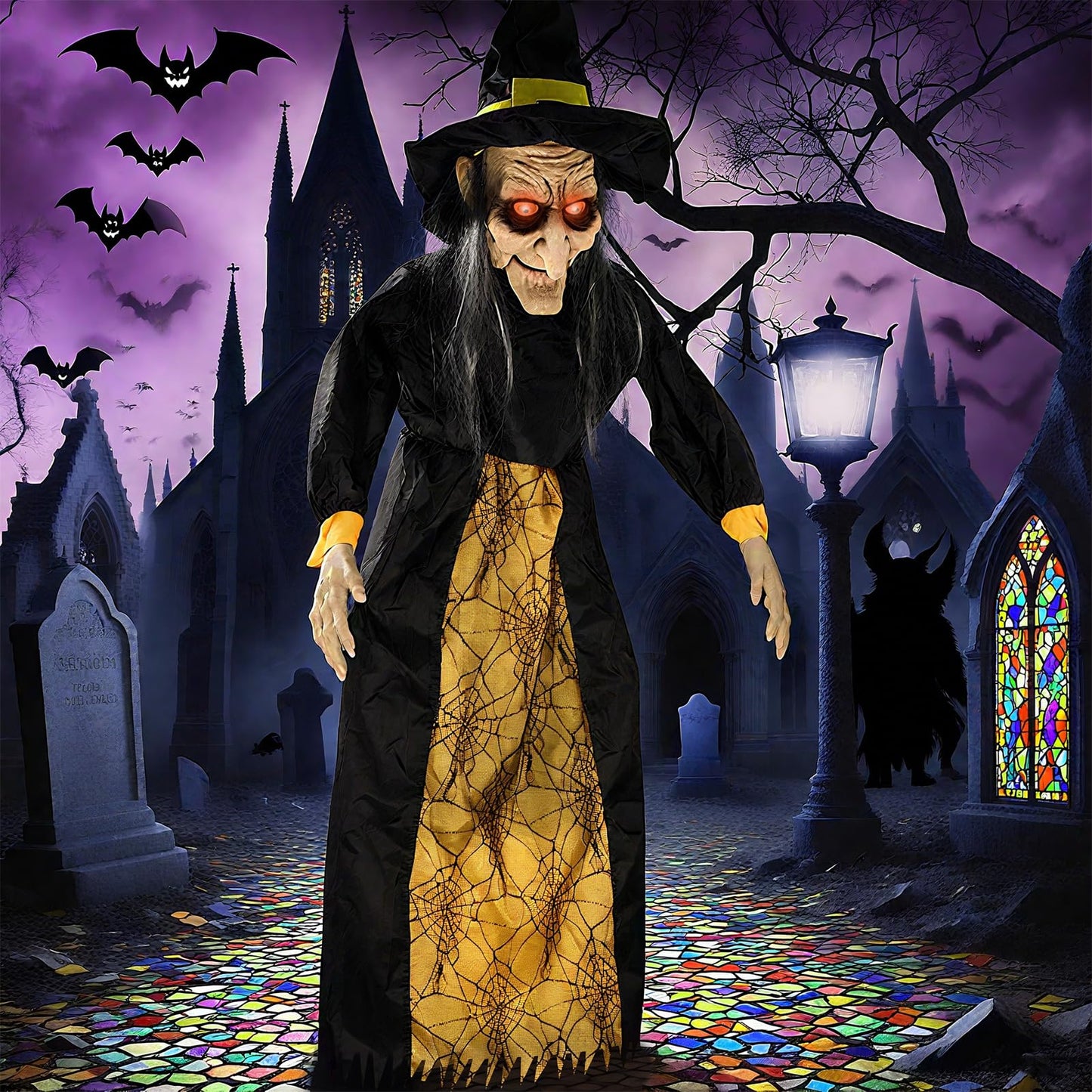 67" Halloween Hanging Witch, Halloween Decoration Outdoor Talking Ghost Light Up Eyes Sound Activated, Outdoor Indoor Decor for Garden Yard Black