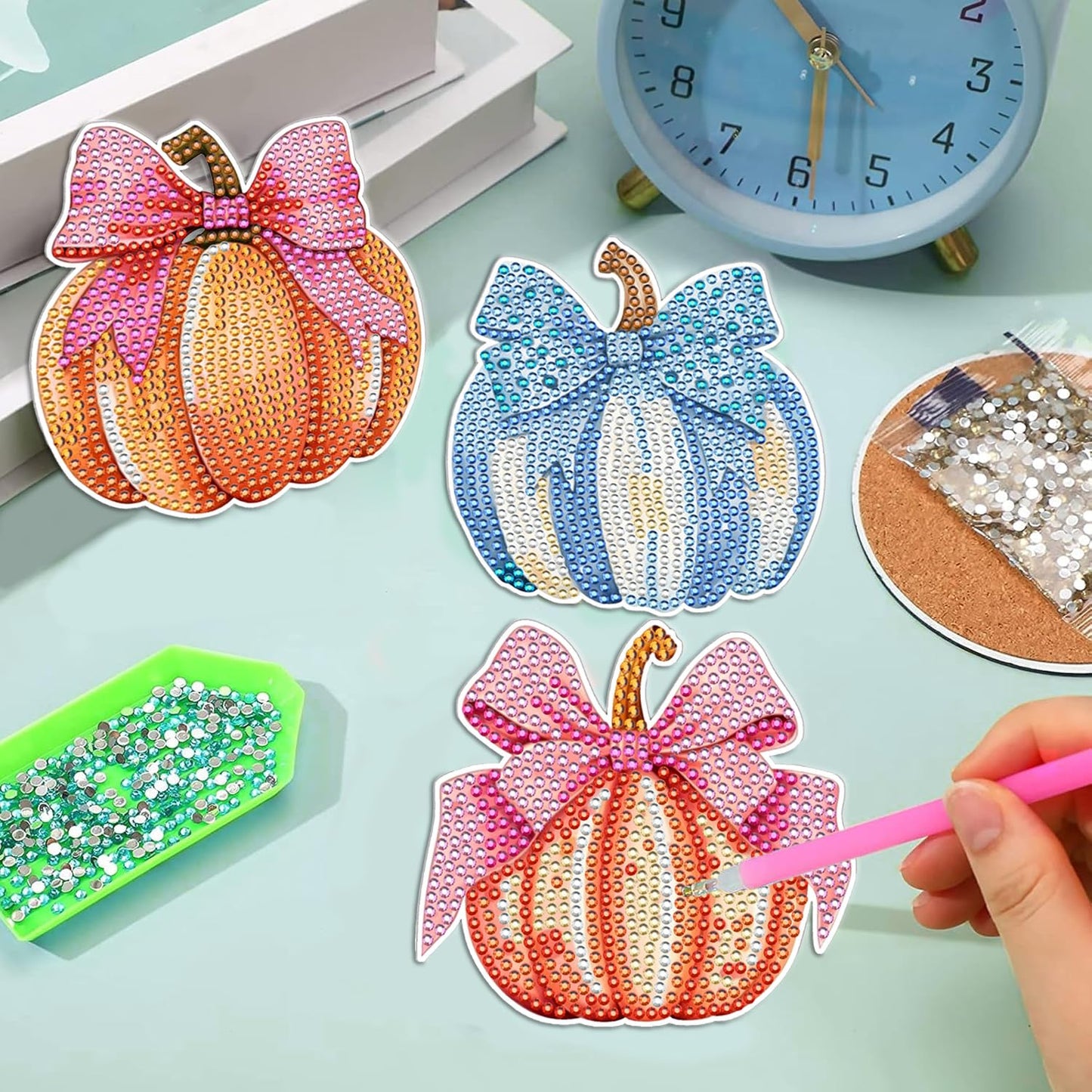 8 Pcs DIY Thanksgiving Pumpkin Diamond Art Coasters for Adult Beginners
