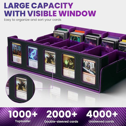 Trading Card Storage Box with Handle,5-Row Portable Leather Game Case for 4000+ Cards,Purple Card Collection Box with Commander Display Window for MTG,Yugioh, and Sports Cards,Gifts for Card Collector