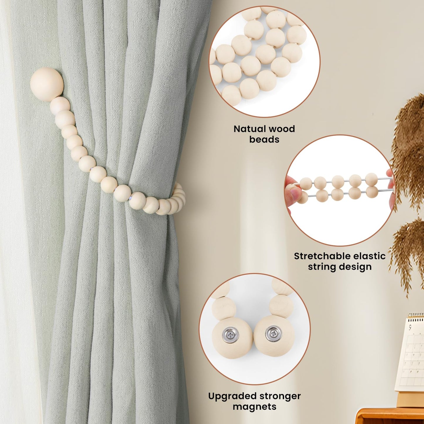 KLOGTSIND Magnetic Curtain Tiebacks, Curtain Tie Backs for Curtains 6 Pack, Wood Bead Curtain Tiebacks, Curtain Holders for Boho Bedroom Decor, Baby Nursery Decor, Farmhouse Decor