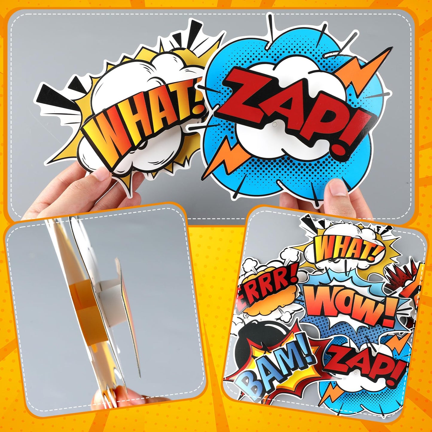 Preboun 6 Pcs Hero Party Decorations 3D Multilayer Comic Action Sign Cutouts Sign Fun Action Paper Cutouts Spider Bat Birthday Party Decor for Classroom Birthday Baby Shower Office Photo Prop (Hero)