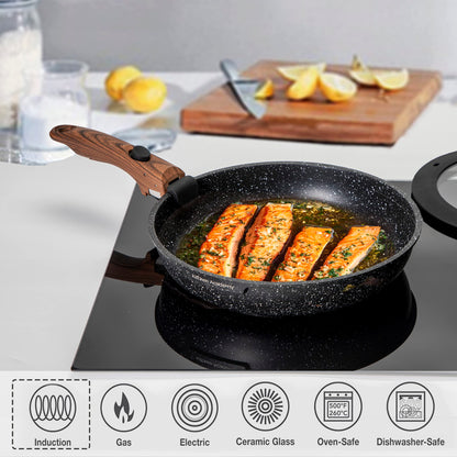 Kitchen Academy Removable Handle Induction Pots and Pans Set - 10 Piece Non-stick Cookware Sets, Black Granite Stackable RV Cookware for Camp