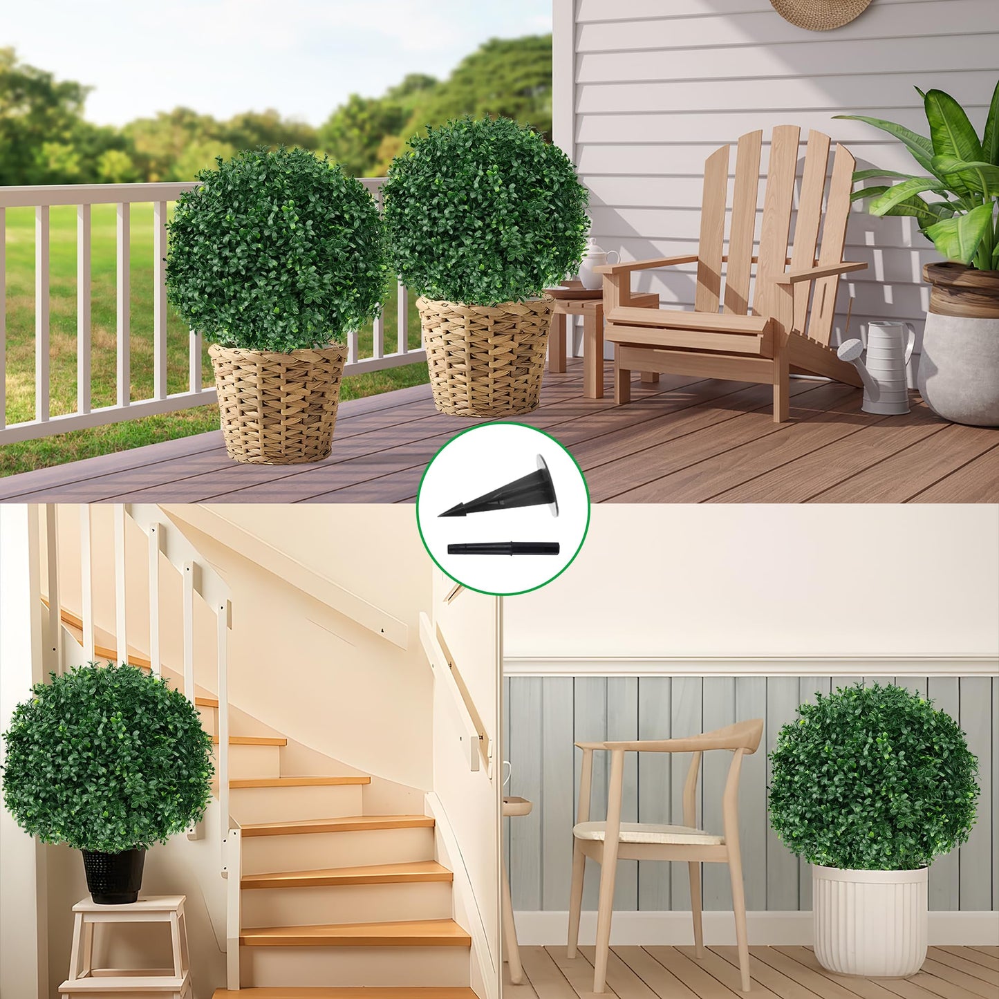 Grooy Artificial Boxwood Topiary Ball Tree with Ground Spike, Set of 2 Artificial Shrub Bushes, Fake Evergreen Tree for Porch, Artificial Plants for Outdoor Planters Indoor UV Resistant
